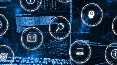 İkili kod ve veri işleme animasyonları çeşitli iş kavramlarını temsil eden simgelerin üzerinde. Teknoloji, dijital, ağ, fütüristik, iletişim, yenilik