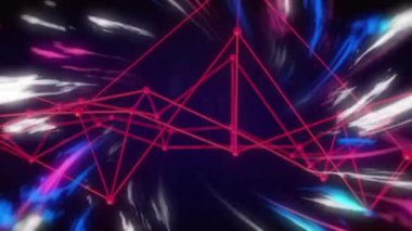 Kırmızı geometrik ağ animasyonu dinamik, renkli soyut arkaplan üzerinde. teknoloji, dijital, fütüristik, modern, grafik, bağlantı