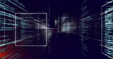 Parlayan kırmızı ışıkta dijital kod ve veri işleme animasyonu. Teknoloji, siber güvenlik, ağ, bilgi, programlama, siber
