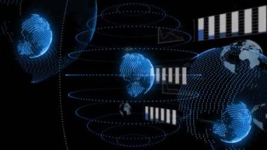 Veri grafikleri ve grafiklerle çevrili dijital dünya, küresel veri analizi animasyonu. Analizler, teknoloji, veri görselleştirme, ağ, içgörü, büyük veri