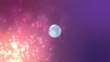 Pembe ve mor arka plan üzerinde ışıl ışıl parlayan ışıklarla dönen dünya. Küresel, toprak, ışıltı, arkaplan, aydınlatma, dijital