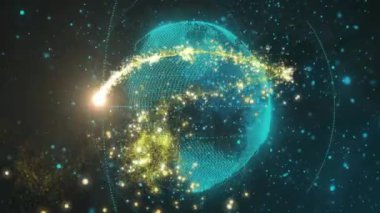 Dünya 'nın yörüngesinde parlayan parçacıklar, uzay arkaplanı üzerinde veri ağı animasyonu. Kozmos, uydu, dijital, geleceksel, evren, teknoloji