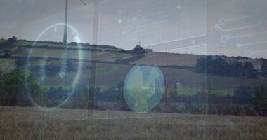 Rüzgar türbini ve yenilenebilir enerji animasyonuyla birlikte dijital arayüz üzerinde. teknoloji, yenilik, sürdürülebilirlik, çevre, yeşil, güç