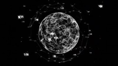 Birbirine bağlı düğümlerle dönen dünya sayısal verileri, dijital ağ animasyonlarını gösteriyor. Teknoloji, bağlantı, görselleştirme, bilgi
