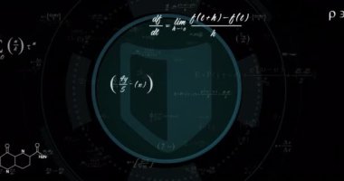 Matematiksel denklemler ve bilimsel formüller dairesel dijital arayüz üzerinde animasyon. Teknoloji, bilim, matematik, yenilik, fütüristik, veri