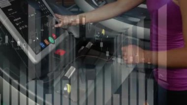 Koşu bandında koşmak, kadın spor verileri ve performans takibi animasyonları. egzersiz, egzersiz, teknoloji, sağlık, atletizm, eğitim