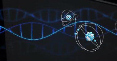 Siyah arka planda DNA ipliği üzerinde moleküllerin canlandırılması. Küresel teknoloji, bilim, bilgisayar ve dijital arayüz kavramı dijital olarak oluşturulmuş video.