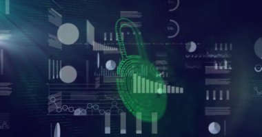 Dijital veri ve grafikler üzerinde yeşil kilit ve parmak izi animasyonu. Siber güvenlik, veri koruması, kimlik doğrulama, güvenli erişim, şifreleme, kimlik doğrulama