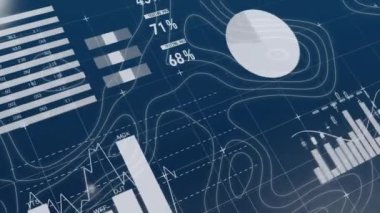 Dünya haritası ve finansal haritalar üzerinde küresel veri canlandırma animasyonu. analitik, finans, teknoloji, ekonomi, istatistik