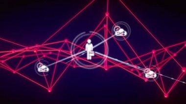 Karanlık arkaplan üzerinde bağlantılar ve veri işleme animasyonu ağı. Teknoloji, ağ oluşturma, dijital, geleceksel, siber alan, iletişim