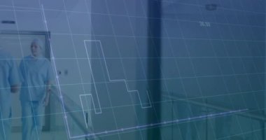 Hastane koridorundaki tıbbi profesyoneller bar grafik animasyonunda dalgalanma yaşıyorlar. Sağlık, doktorlar, hemşireler, takım çalışması, analiz, istatistik