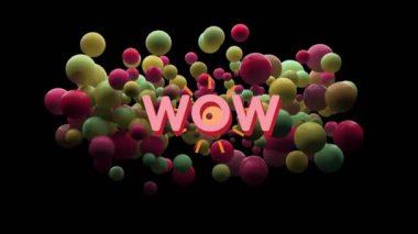 Vay canına. Siyah arkaplanda renkli yüzen küreler üzerinde metin animasyonu. 3D, yaratıcı, canlı, dijital, soyut, dinamik