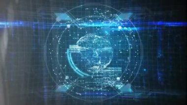 Veriler işleniyor, gelecekteki arayüzün üzerindeki dijital küresel animasyon. Teknoloji, yenilik, hologram, sanal