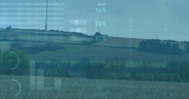 Rüzgar türbinleri ve peyzaj üzerinde kilit ve veri güvenlik animasyonu. Siber güvenlik, rüzgar enerjisi, yenilenebilir, koruma, veri şifreleme, sürdürülebilir