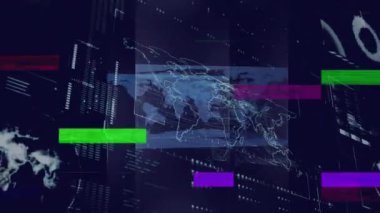 Dijital arayüz üzerinde dünya haritası ve veri işleme animasyonu. Küresel, teknoloji, ağ, siber, analitik, bilgi