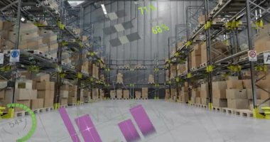 Depodaki finansal veri işleme animasyonu. Küresel gönderim, finans, iş, bağlantılar, hesaplama ve veri işleme kavramı dijital olarak oluşturulmuş video.