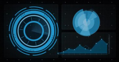 Siyah arkaplanda tarama kapsamı üzerinde dijital veri işleme animasyonu. Dijital olarak oluşturulmuş küresel bağlantılar, hesaplama ve veri işleme kavramı.