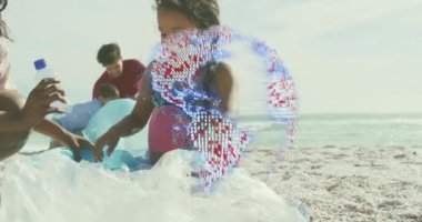 Sahilde beşlik çakmak, parlak mavi dalga animasyonunun üzerinde örgü ören çocuk. Çak beşlik, okyanus, kutlama, yaz, arkadaşlık, eğlence