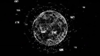 Bağlantılar ağı ve veriler siyah arkaplan üzerinde animasyon olduğunu gösteriyor. Teknoloji, dijital, soyut, geleceksel, bilgi