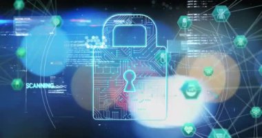 Veri analizi tamamlanmış dijital kilit ve siber güvenlik simgeleri. veri koruması, teknoloji, şifreleme, gizlilik, güvenlik, ağ