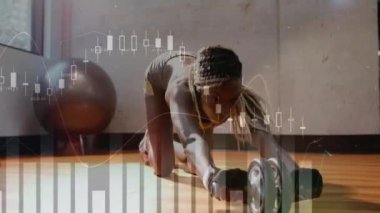 Fitness verileri ve borsa çizelgesi. Dambıllarla egzersiz yapan bir kadın için. teknoloji, egzersiz, performans, görselleştirme