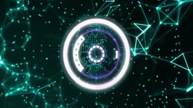 Dönen elementler ve geometrik şekiller ile gelecekteki dijital arayüz animasyonu canlandırır. Teknoloji, yenilik, soyut, sanal, modern, yüksek teknoloji