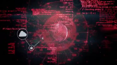 Siyah arkaplanda dünya üzerindeki simgeler ve veri işleme ağlarıyla bağlantıların animasyonu. Küresel teknoloji, bağlantılar, hesaplama ve dijital arayüz kavramı dijital olarak oluşturulmuş video.