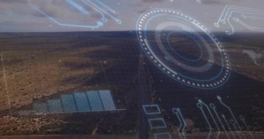 Dijital arayüz elemanları ve hava manzarası üzerinde veri işleme animasyonu. Teknoloji, yenilik, kaplama, fütürist, ağ, iletişim