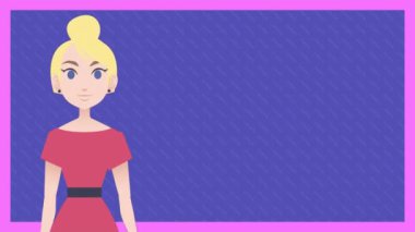 Kırmızı elbiseli, mavi arka planda pembe kenarlı, hareketli bir kadın. İllüzyon, dijital, kadın, karakter, renkli, sanatsal