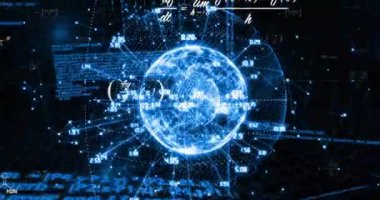 Dünya üzerinde bilimsel veri işleme animasyonu. Küresel bilim, bağlantılar, hesaplama ve veri işleme kavramı dijital olarak oluşturulmuş video.