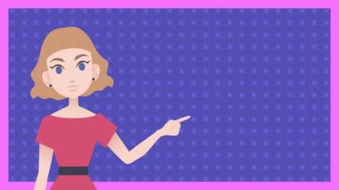 Parmaklarıyla işaret eden, mor arka planda artı işaretli animasyon yapan bir kadın. Resim, jest, dijital sanat, canlı, karakter, dinamik