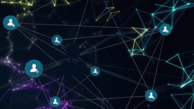 Kullanıcı simgeleri ve ağ bağlantıları koyu arkaplan üzerinde renkli satırlarla canlandırılıyor. Animasyon, teknoloji, dijital, soyut, siber, fütürist