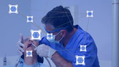 Diş hekimi, diş aletleri, tıbbi ikonlar ve ağ animasyonu olan hastaları tedavi ediyor. Diş sağlığı, tedavi, sağlık, teknoloji, yenilik, oral sağlık