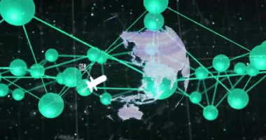 Kuzey Amerika üzerinde kırmızı daireli dünya, birbirine bağlı yeşil küreler animasyon. Genel, ağ, bağlantı, dijital, teknoloji, iletişim