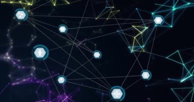 Çizgiler ve düğümlerle birbirine bağlı tıbbi simgeler ağı, veri işleme animasyonu. Sağlık, teknoloji, bağlantılar, yenilik, dijital, fütüristik