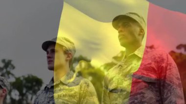 Çeşitli erkek askerlerin selamlaması üzerine Belçika bayrağının canlandırılması. Askeri, vatanseverlik ve bayraklar dijital olarak üretilen video konsepti.