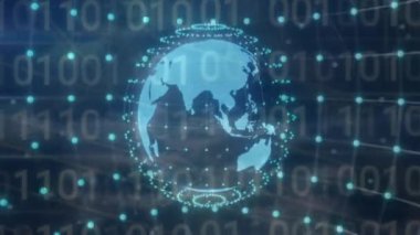 İkili kodlu dijital dünya ve ağ bağlantıları animasyonu. Teknoloji, veri, siber, fütürist, küresel, sanal