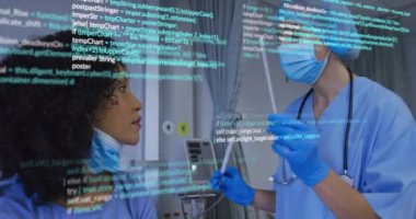 Boğaz temizleme testi yapan sağlık uzmanları üzerinde tıbbi veri işleme animasyonu. Tıbbi test, sağlık uzmanları, laboratuvar, tanı, araştırma, teknoloji