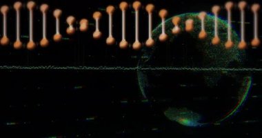 Dijital dünyanın üzerinde hatalı etkileri olan DNA iplikçikli animasyon. Genetik, biyoloji, bilim, veri, teknoloji, fütüristik