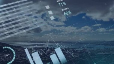 Finansal veri tabloları ve şehir manzarasının havadan görünüşü üzerinde dünya haritası animasyonu. Finans, iş dünyası, küresel, analitik, teknoloji, ekonomi