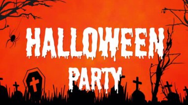 Cadılar Bayramı Partisi animasyonu turuncu arka planlı ürkütücü mezarlık sahnesi üzerine. Kutlama, gece, korku, korkunç, mezar taşları, ürkütücü