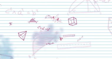 Geometrik şekiller ve matematiksel denklemler suluboya arka plan üzerinde çizgi kağıt üzerinde animasyon. Soyut, geometri, matematik, sanatsal, eğitim, öğrenim