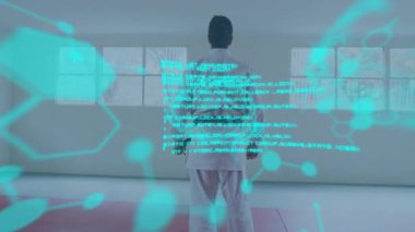 Dövüş sanatları üniformalı birinin üzerinde bilimsel veri işleme animasyonu. Teknolojik, bilim, analiz, dijital, yenilik