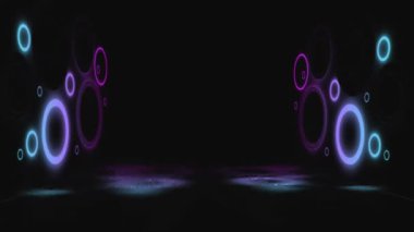 Siyah arkaplandaki neon mor dairelerin animasyonu. Sosyal medya ve dijital arayüz konsepti dijital olarak oluşturulmuş video.