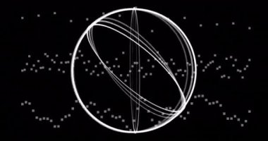 Siyah zemin üzerinde yüzen parçacıkların animasyonuyla dönen kablo küresi. dijital, fütüristik, soyut, teknoloji