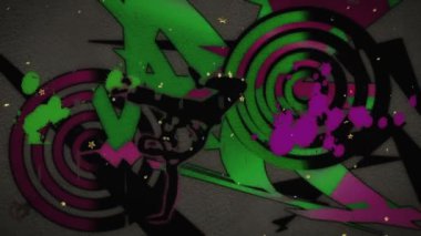 Renkli graffiti arka planında yıldız animasyonuyla break dansçı silueti. Breakdance, sokak sanatı, şehir, hip-hop, hareket, gençlik