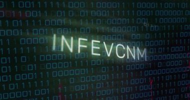 Siber güvenlik tehdidine işaret eden ikili kod arkaplanındaki enfekte metin animasyonu. hack, veri sızıntısı, zararlı yazılım, virüs, şifreleme, dijital