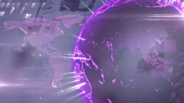 Dijital dünya haritası ve ışıldayan dünya animasyonu farklı insanlarla işbirliği içinde. Teknoloji, takım çalışması, küresel, işbirliği, yenilik, fütüristik
