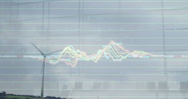 Kırsal kesimdeki rüzgar türbini üzerinde işlenen finansal veri görüntüsü. Küresel çevre, yeşil enerji ve sürdürülebilirlik kavramı dijital olarak oluşturuldu.