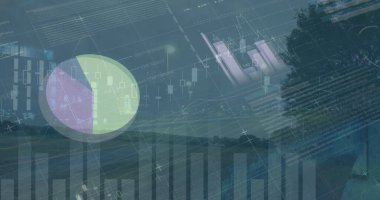 Yol trafiğiyle zaman aşımındaki grafikler ve finansal veriler. İş, finans, ekonomi ve teknoloji konsepti dijital olarak oluşturulmuş imaj.